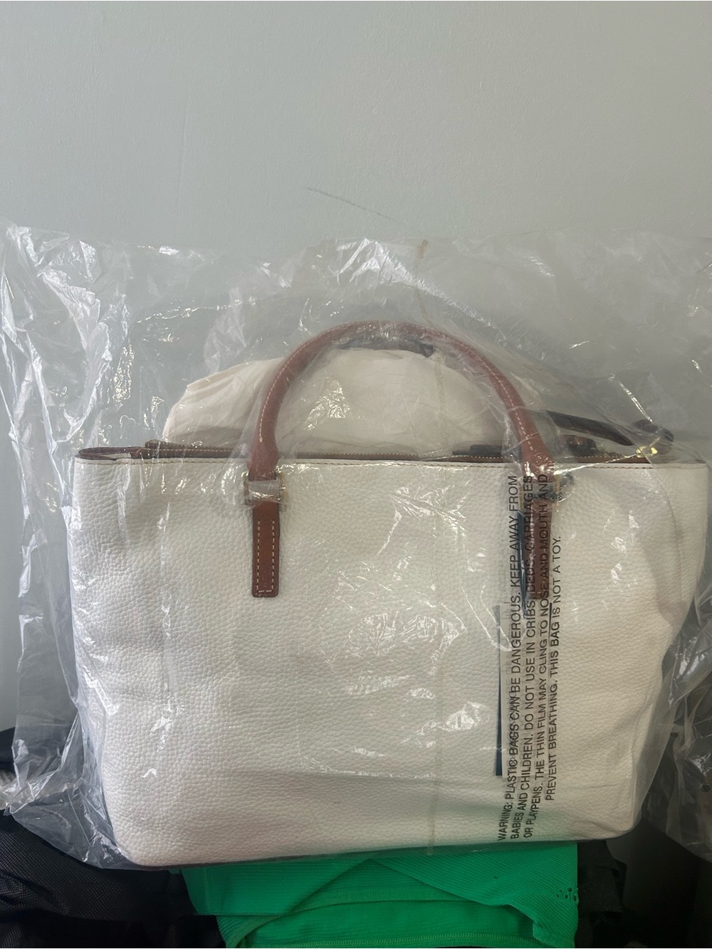 Dooney & Bourke White Pebbled Leather Tote with Brown Handles